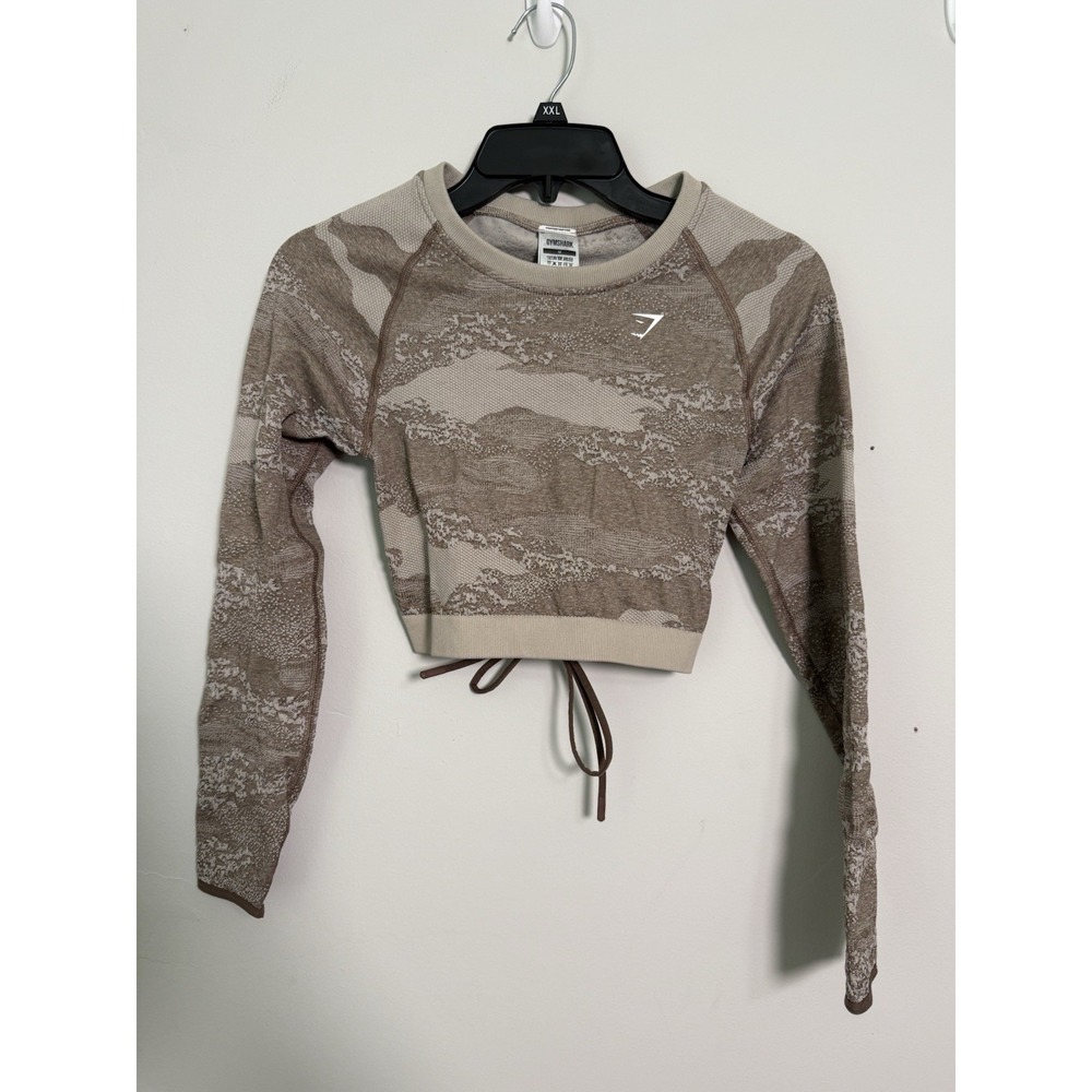 Gymshark Adapt Brown Seamless Lace Up Back‎ Crop Long Sleeve Sz M Gym Athletic